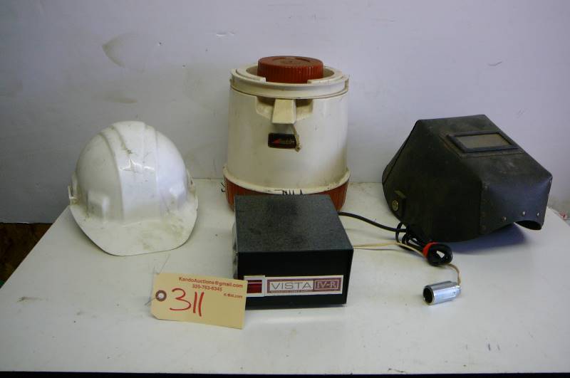 lot 311 image: Huntsman 411P welding helmet, hard hat, Aladdin water jug, Vista IV-R, regulated power supply