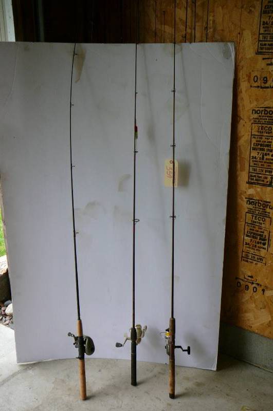 lot 359 image: 3 Fish rods 1 Spinner with reel, 1 rod and reel, 1 rod & bait caster reel
