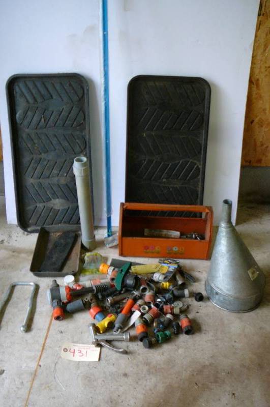 lot 431 image: Boot trays, Metal funnel, Spare tire holder, Metal work tote, Hose couplers and Hose ends