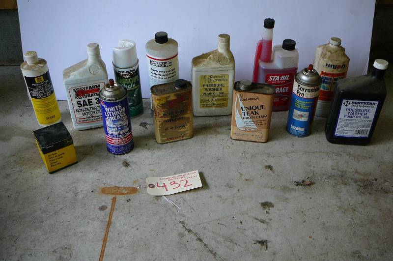 lot 432 image: Petroleum products, pressure washer oil, worm drive lubricant, oil SAE30 oil, John Deere oil filter. Stu-bil