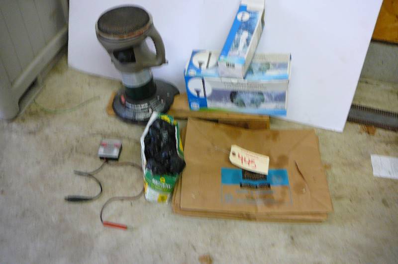 lot 445 image: Coleman propane catalytic heater battery energy tester, fountain nozzle, lawn and garden bags