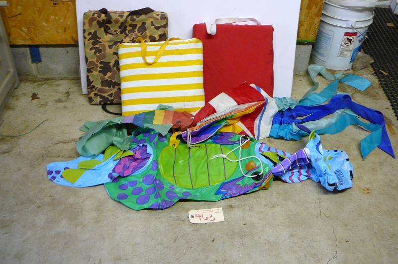 lot 463 image: Lake stuff, wind socks and 3 seat cushions, blow up animal