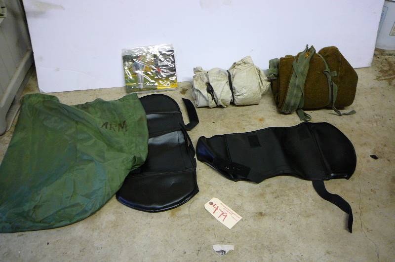 lot 479 image: Wool sleeping bag liner, tarp, Rain suit size small bag