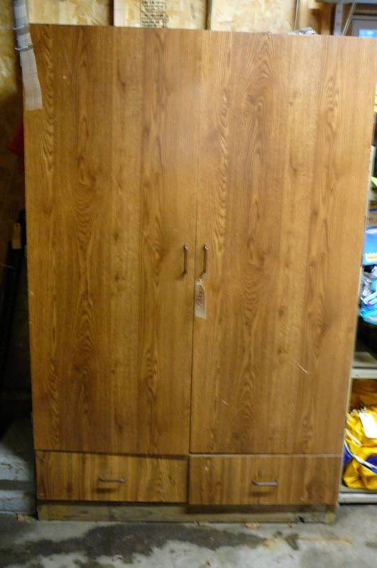 lot 480 image: Wooden storage cabinet with 2 drawers 48 w x 24d x 74t ITEMS NOT INCLUDED