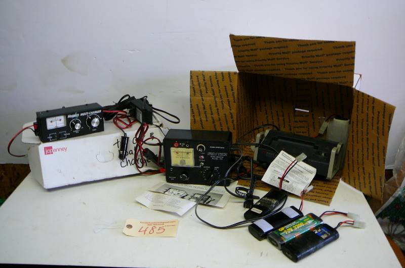 lot 485 image: Lot of chargers Hobbixo, multi charger, Prostech super ACOC 701 Charger, AC fast charger, 4 rechargeable 7.2 v Battery packs