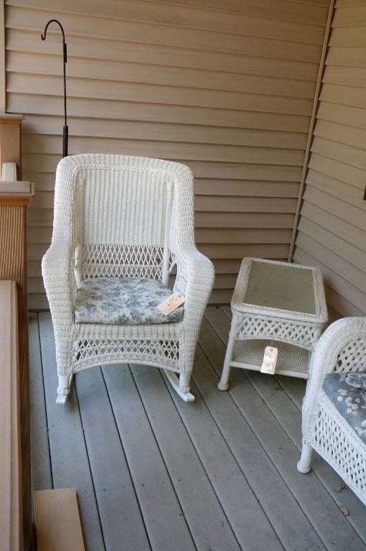lot 529 image: 3 piece vinyl wicker set with pads, 1 rocker, 1 love seat bench 4 wide, 1 Coffee table 29 12 l X 18w x 18 t