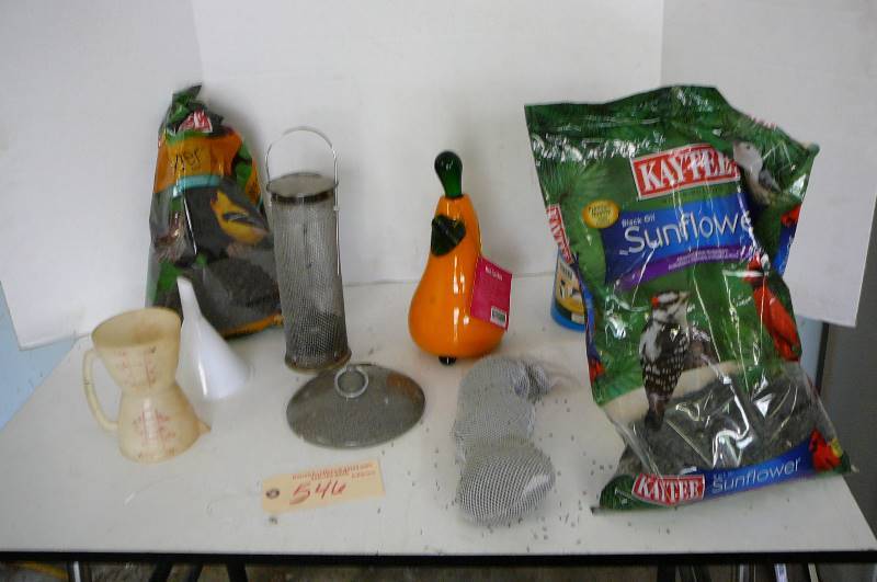 lot 546 image: Bird feeder kit , Bird seed, Bird feeders, bee catcher, with tote