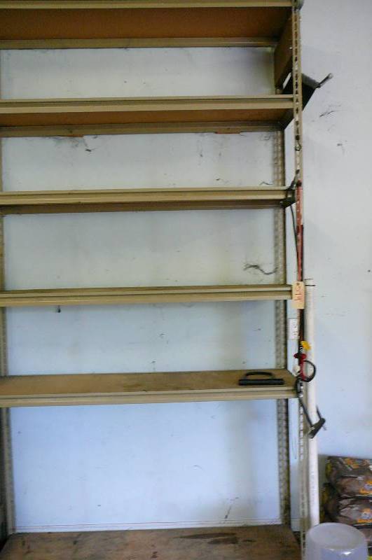 lot 579 image: Adjustable metal shelving with wood tops