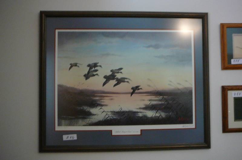 lot 886 image: Frame print Mallards Moving at Dawn by Les C Kouba