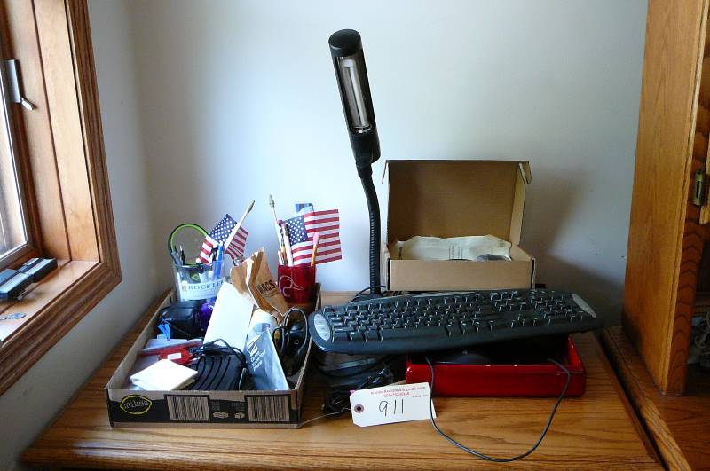 lot 911 image: Misc. Office supplies, Keyboard, Lamp etc.