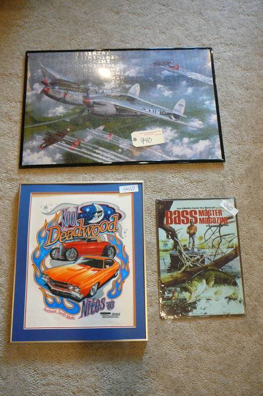 lot 940 image: Framed Air plane, deadwood wall hanging, Bass Master Magazine metal sign