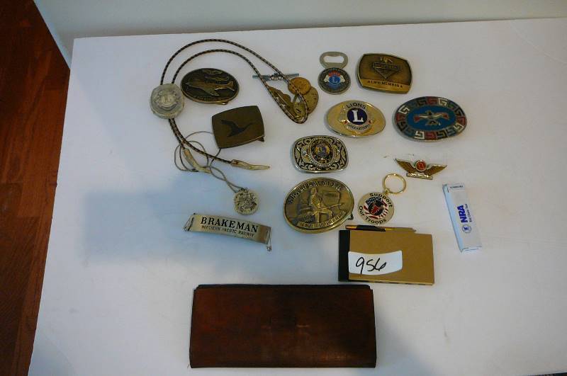 lot 956 image: Belt buckles, Leather McClurg, Genuine Russia calf, Ivory necklace deer carving, Lions international neck choker