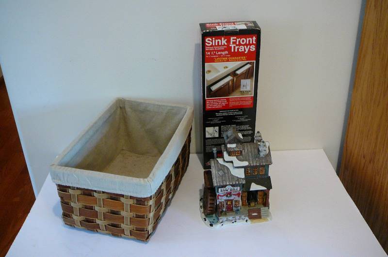 lot 953 image: Wicker basket, sink front trays, saw mill figurine