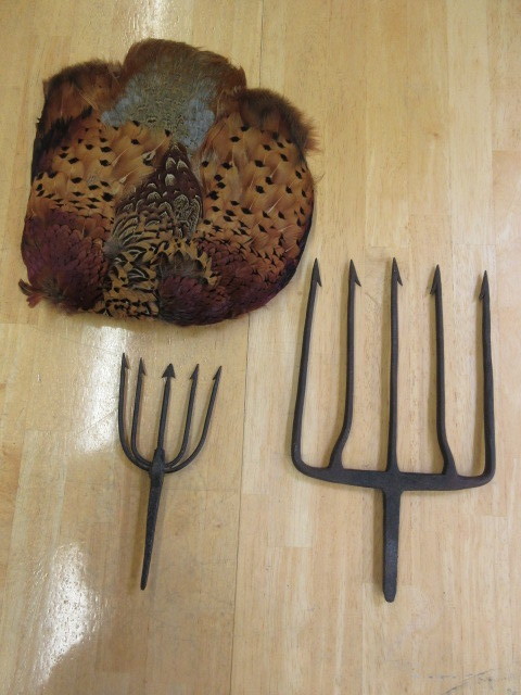 lot 443 image: PHEASANT PELT AND GIGSPEARHEADS