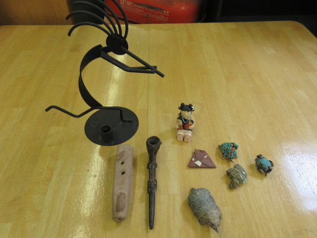 lot 444 image: CANDLE HOLDER, HAND CARVED PIPES AND ROCK CARVINGS