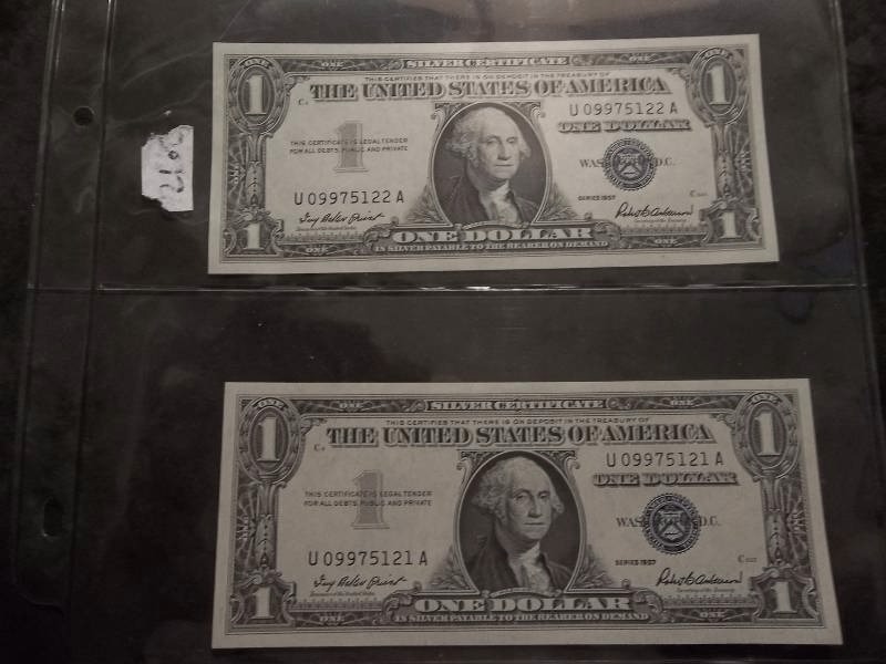 lot 139 image: 2-US Silver Certificates With Consecutive Numbers & Uncirculated, Crisp Condition 1957 Series