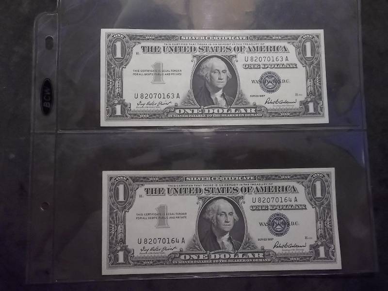 lot 140 image: 2-US Silver Certificates With Consecutive Numbers & Uncirculated, Crisp Condition 1957 Series