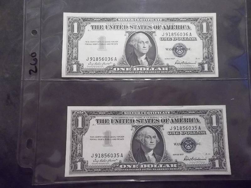 lot 141 image: 2-US Silver Certificates With Consecutive Numbers & Uncirculated, Crisp Condition 1957 Series