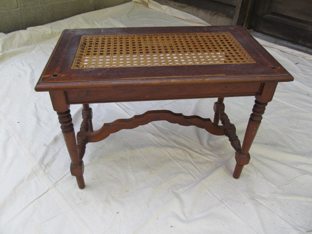 lot 15 image: Antique Inlaid Wood Cane Seat Piano Bench