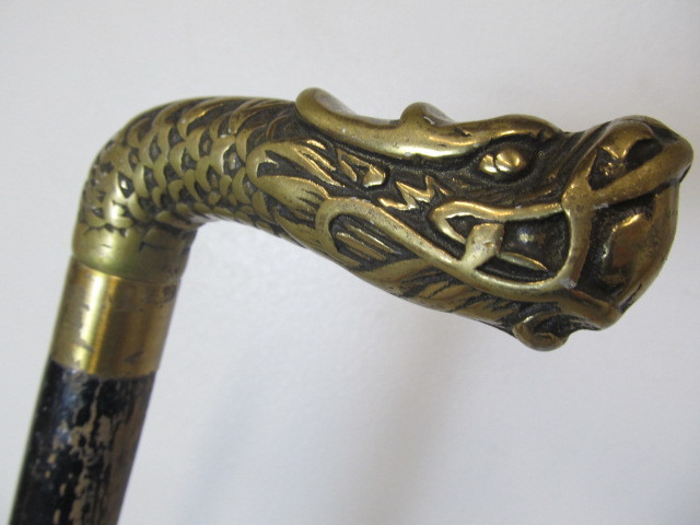 lot 42 image: Vintage Brass Dragon Handle Walking Stick wDagger