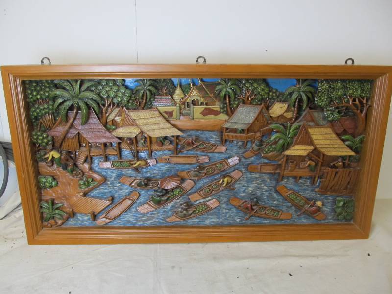 lot 75 image: Beautifully Hand Carved Solid Wood LARGE Thai Floating Market Scene