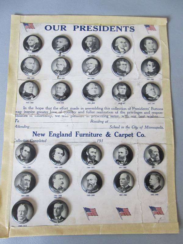 lot 101 image: Rare COMPLETE Set of 1910s Presidential Pinbacks on Card