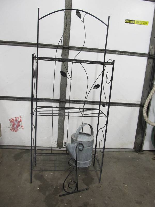 lot 197 image: Folding Iron GardenPlant Shelf & Vintage Galvanized Watering Can