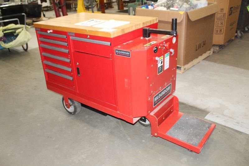 lot 2 image: Hilgendorf 7-Drawer 1-Door Rolling Electric Powered Utility Transport w Wood Work Table, Manual