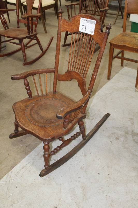lot 71 image: Wood Rocking Chair w Leather Seat Insert
