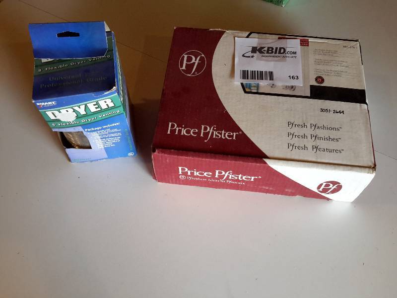 lot 163 image: Pfizer, Shower head and handles.. Dryer hose.. Both NEW in boxes