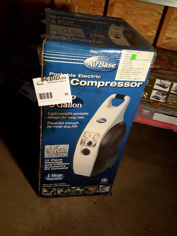 lot 60 image: Home Air Base, Portable Electric Air Compressor.. New in Box