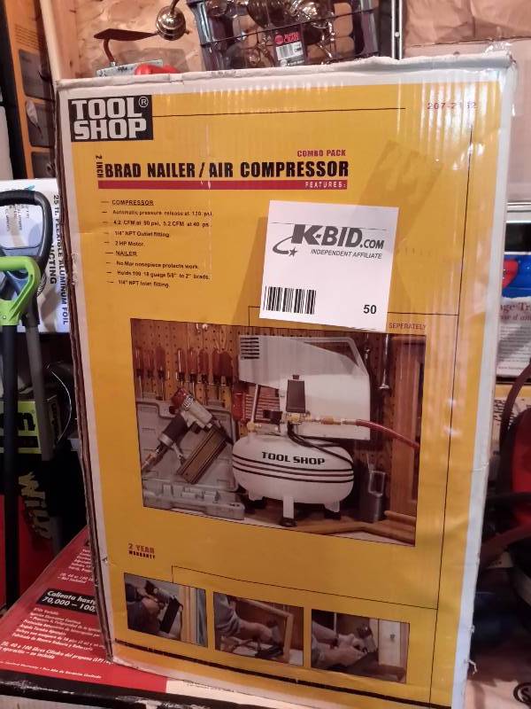 lot 50 image: Tool Shop, Like NEW, Brad Nailer and Air Compressor