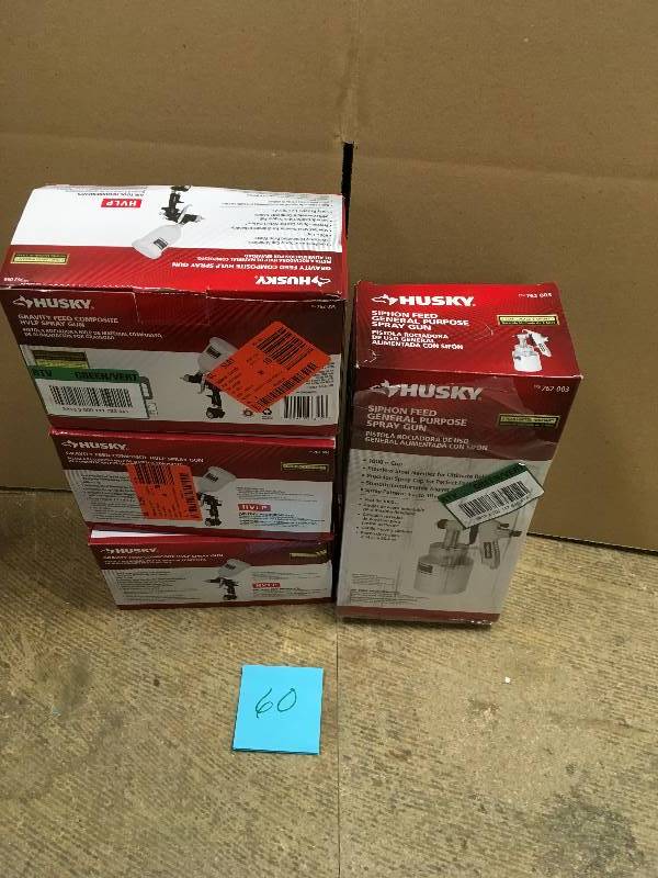 lot 60 image: Lot of 3 Gravity Feed Composite HVLP Spray Gun Plus One Siphon Feed General Purpose Spray Gun-Husky-H4920SSG