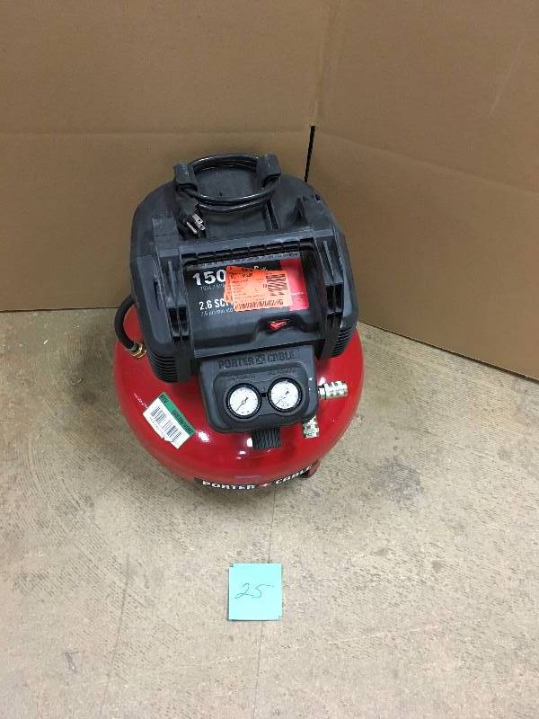lot 25 image: Porter Cable 6 Gal. 150 PSI Portable Electric Pancake Air Compressor like new condition working