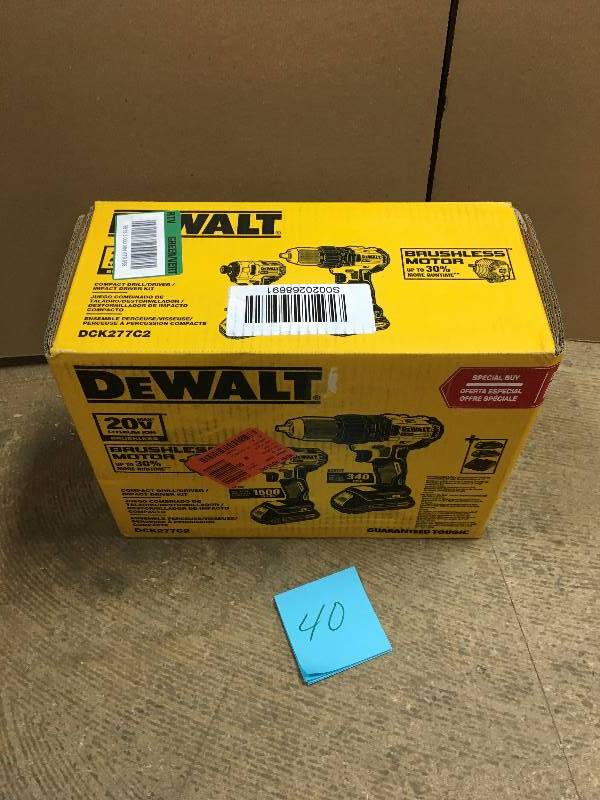 lot 40 image: Dewalt 20-Volt MAX Lithium-Ion Cordless Brushless DrillDriver and Impact Combo Kit (2-Tool) w(2) Batteries 1.5Ah and Charger