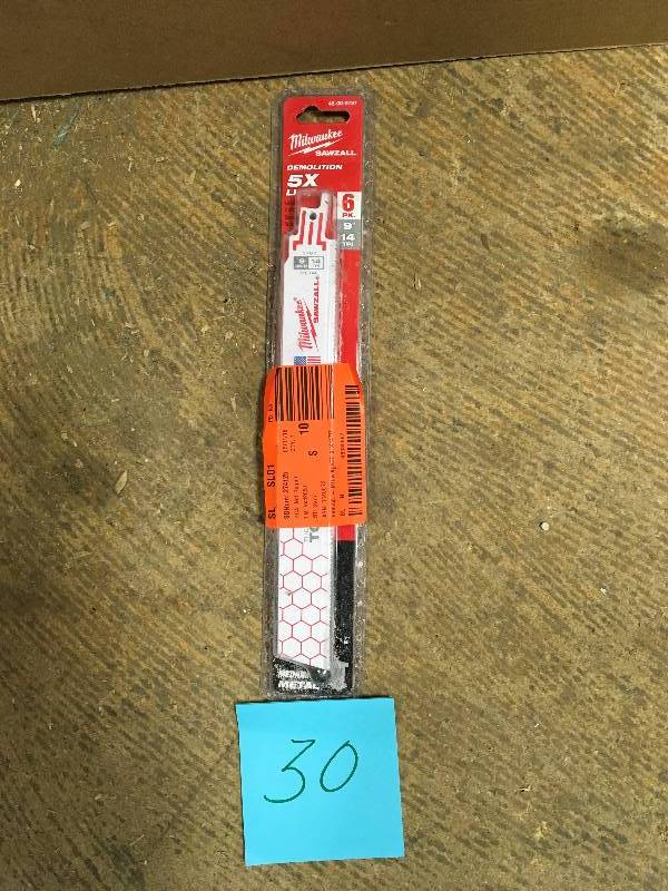 lot 30 image: Milwaukee Sawzall 9 in. 14 TPI Sawzall Torch Reciprocating Saw Blades (6-Pack) new