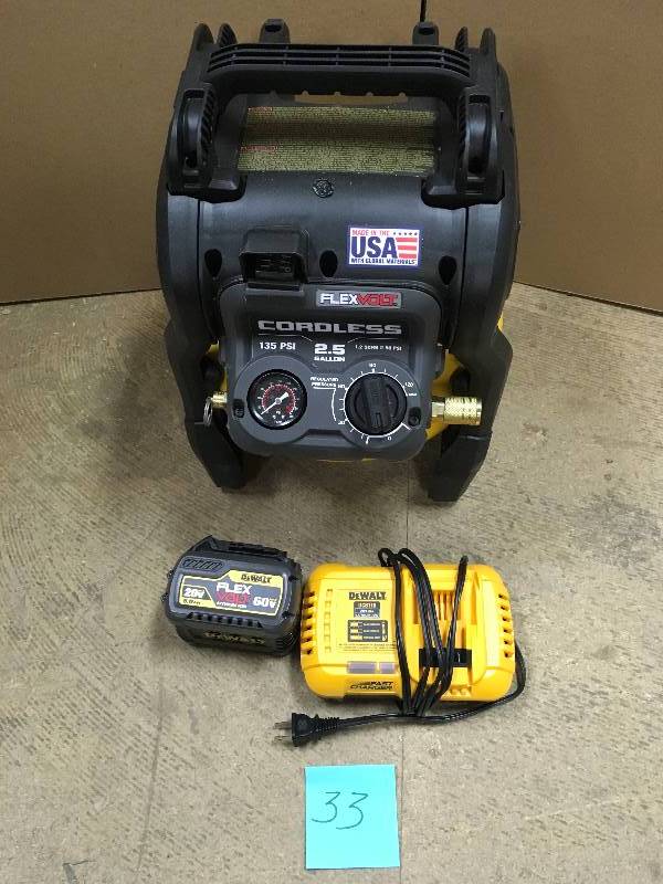 lot 33 image: DeWalt FLEXVOLT 2.5 Gal. 60-Volt MAX Brushless Cordless Electric Air Compressor Kit w Battery 2Ah and Charger not used