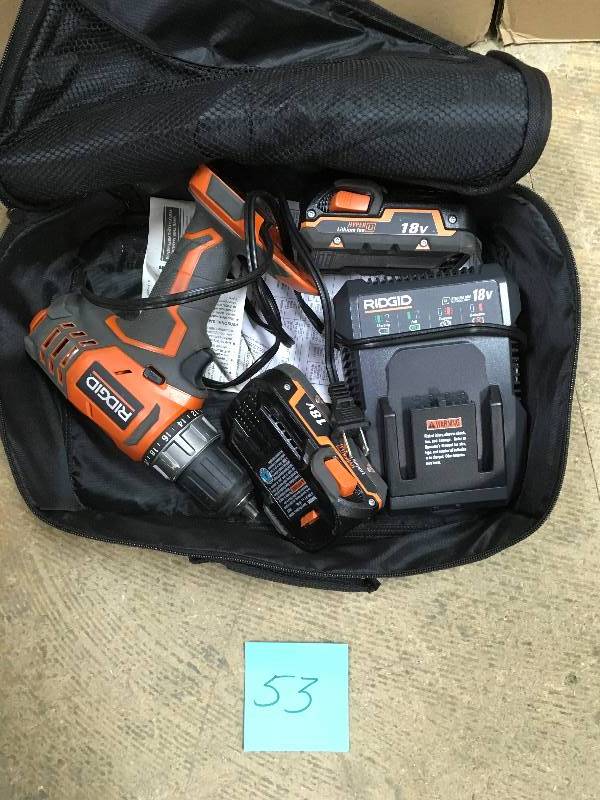 lot 53 image: Rigid 18-Volt Lithium-Ion Cordless 12 in. Compact DrillDriver Kit with (2) 1.5Ah Batteries Charger and Bag not used like new