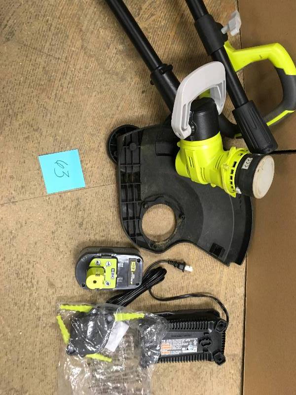 lot 63 image: Ryobi ONE 18-Volt Lithium-Ion Cordless String TrimmerEdger - 4.0 Ah Battery and Charger Included open box used in great condition