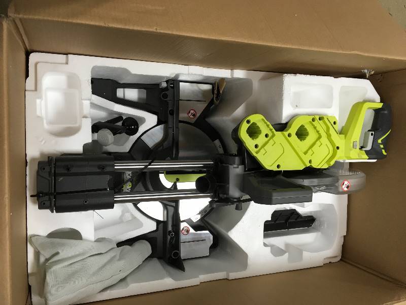 lot 79 image: Ryobi 18-Volt ONEONE Cordless Brushless 10 in. Dual Bevel Sliding Miter Saw (Tool-Only) open box new