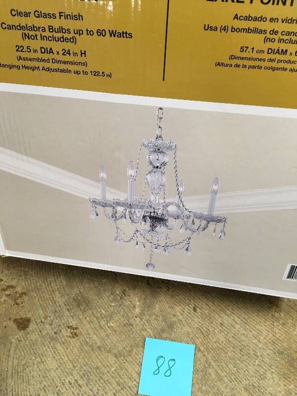 lot 88 image: Hampton Bay Lake Point 4-Light Chrome and Clear Crystal Chandelier new