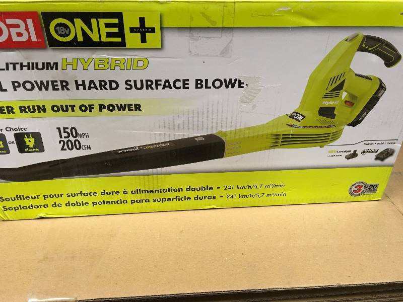 lot 96 image: RYOBI ONE 150 MPH 200 CFM 18-Volt Lithium-Ion Hybrid Leaf BlowerSweeper - 1.3 Ah Battery and Charger Included not used