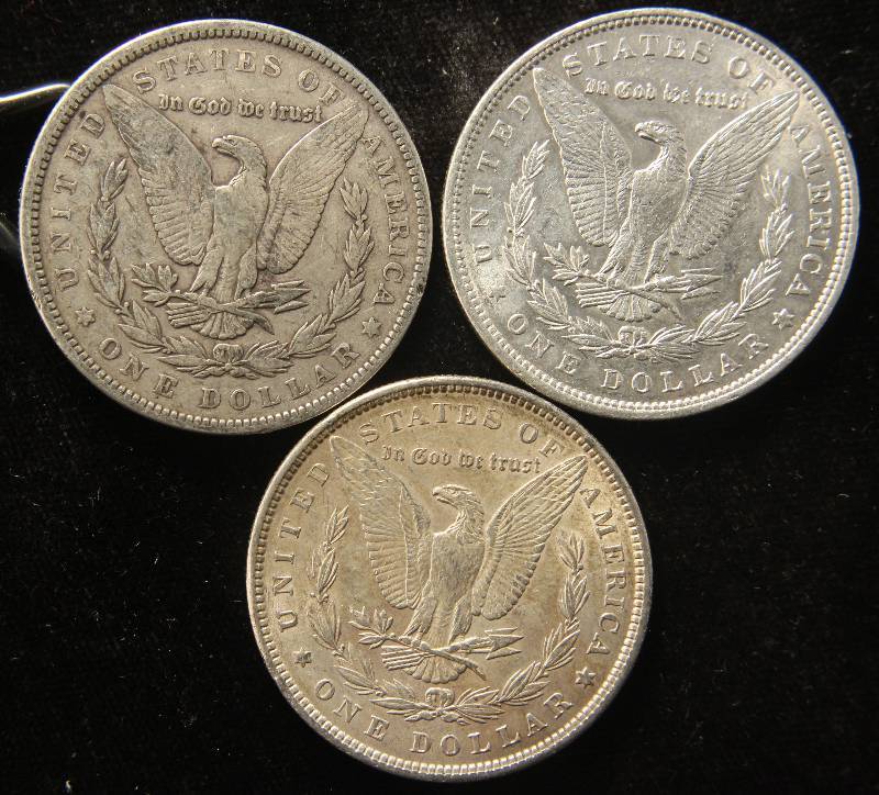 3 SILVER DOLLARS 1891, 1896, 1900 F-AU