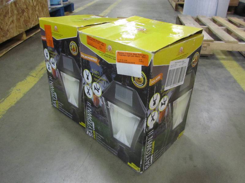lot 33 image: Gama Sonic Baytown II Outdoor Black Resin Solar PostWall Light with Warm-White LED (lot of 2)