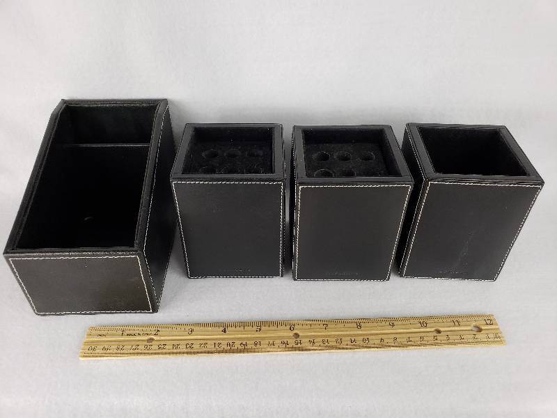 lot 52 image: (4) Levenger Black Leather Desk Organizer Items