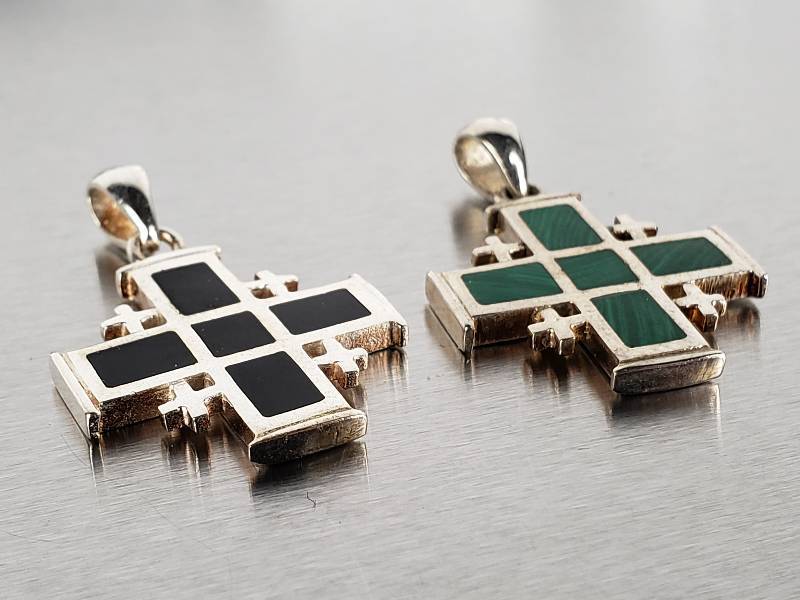 lot 100 image: (2) Sterling Silver Jerusalem Cross and Enamel Pendants