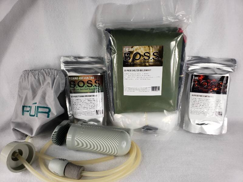 lot 146 image: BOSS Shelter Kit, Fire Starting Kit, Fishing and Hunting Kit  PUR Water System