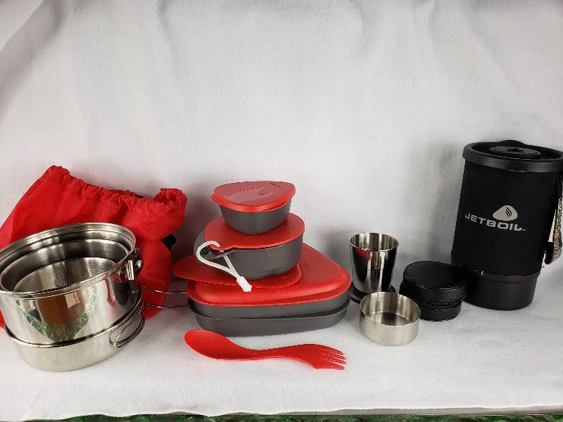 lot 147 image: Light My Fire Camping Kit, Jetboil Cooking System, REI Collapsible Cup, Peak 1 Cooking Kit