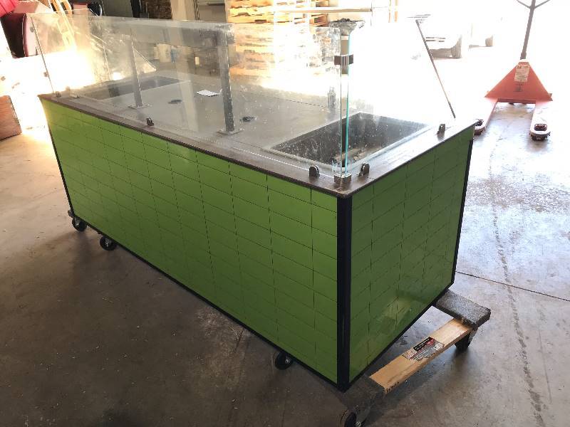 Wood Laminated Buffet Line with APW Strip Warmer and 2 Steam Wells and Sneeze Guard - 208 Volts - 11.9 Amps - Single Phase - 80 x 32 x 51