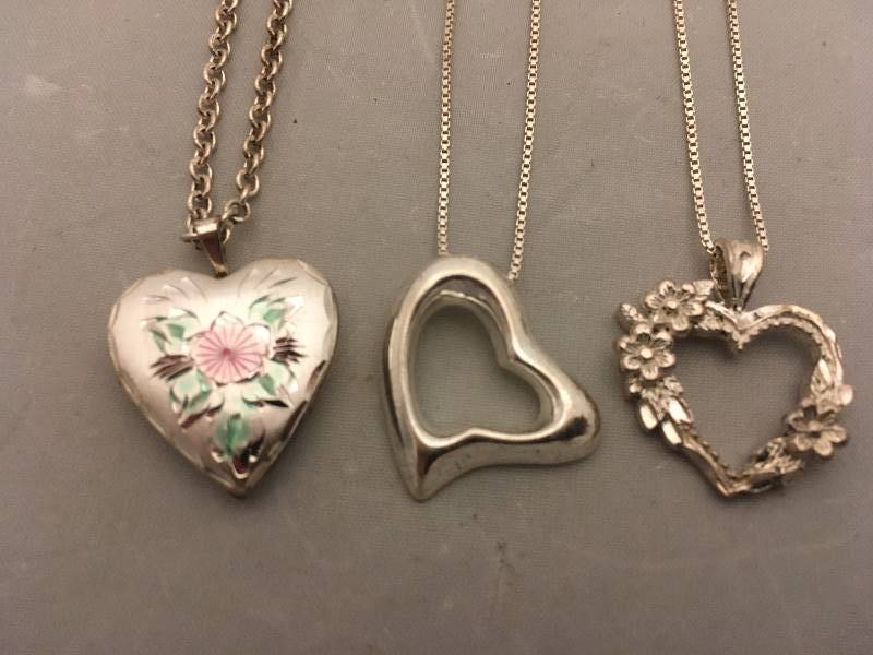 lot 379 image: Sterling Silver Heart Necklaces